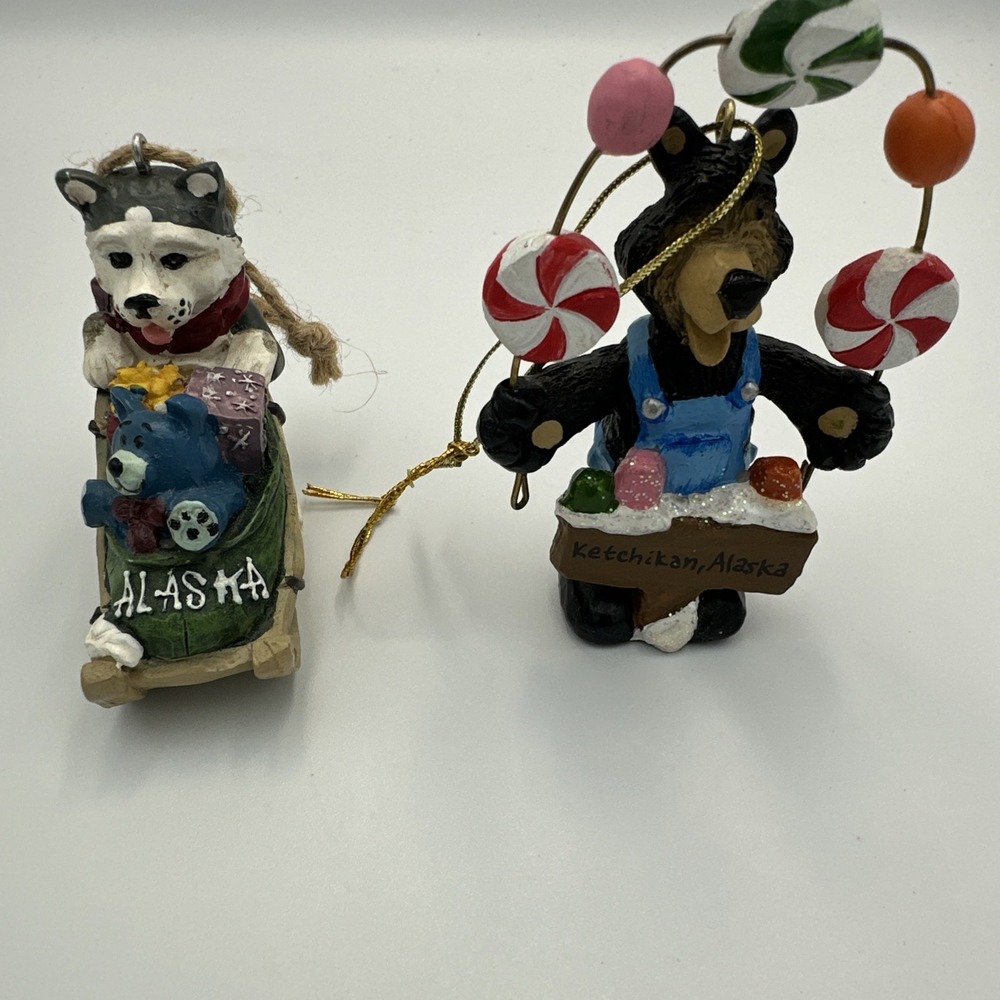 Lot Of 2 Alaska Christmas Ornament Sled Dog & Black Bear Ketchikan Resin